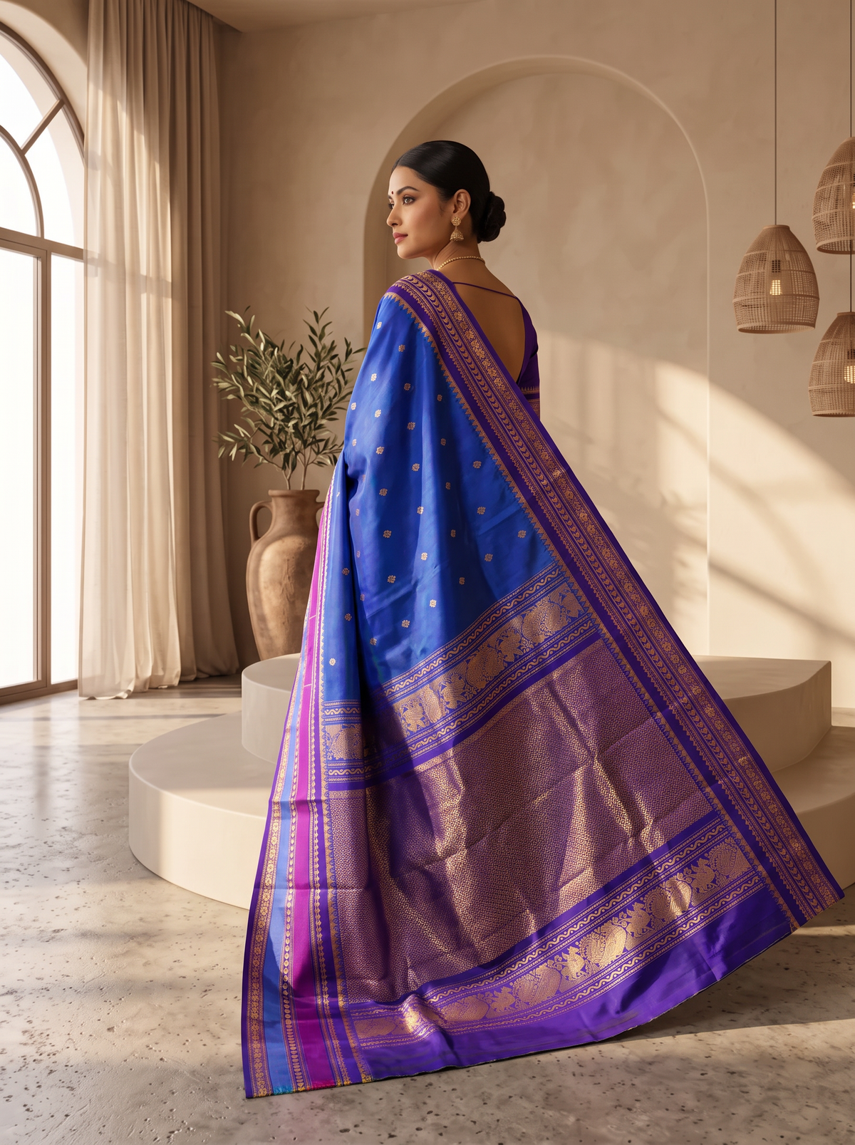 Like a clear midnight sky sprinkled with golden stars, this blue Gadwal silk is edged with peacocks and a blush of pink, finishing in a pallu rich with gold zari.