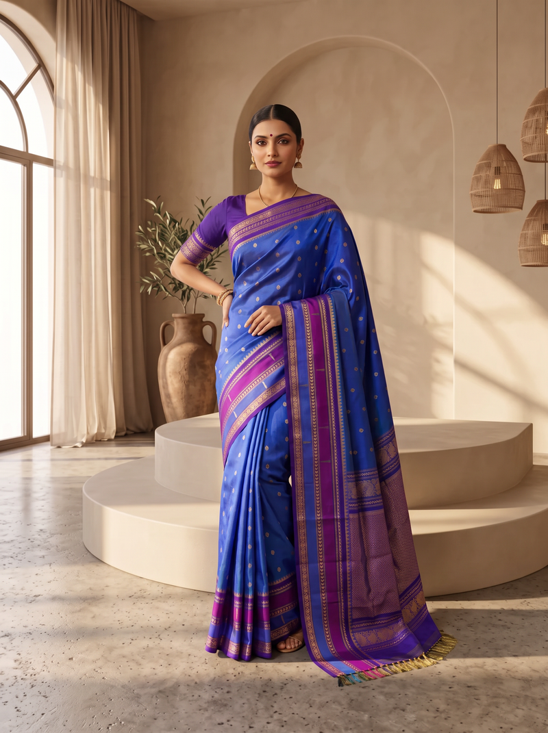 Like a clear midnight sky sprinkled with golden stars, this blue Gadwal silk is edged with peacocks and a blush of pink, finishing in a pallu rich with gold zari.