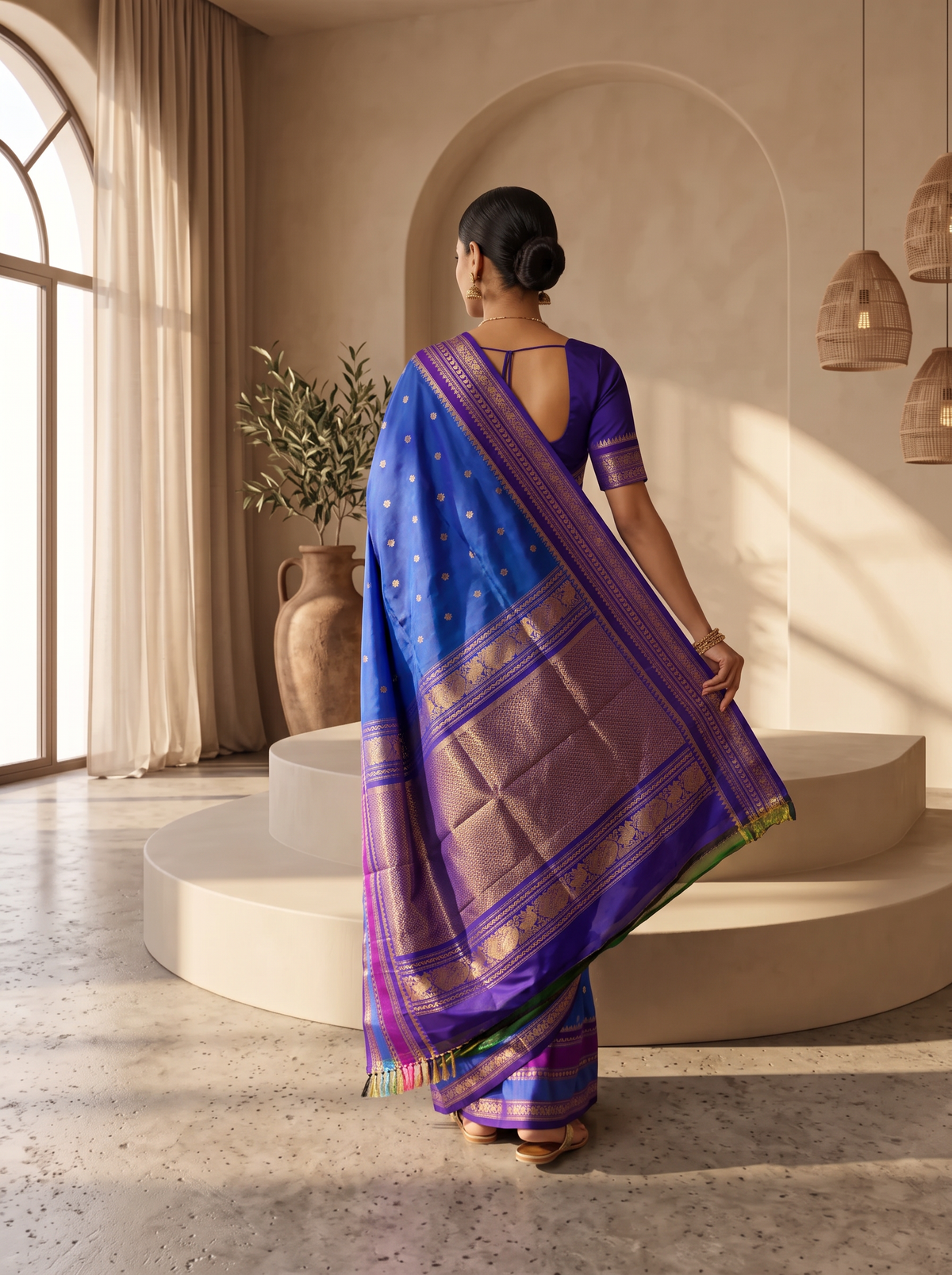Like a clear midnight sky sprinkled with golden stars, this blue Gadwal silk is edged with peacocks and a blush of pink, finishing in a pallu rich with gold zari.