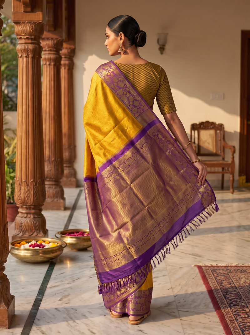 A Regal Poetry of Paisley & Silk – Pure Handloom Korvai Kanjivaram Silk Saree in Golden Yellow & Purple