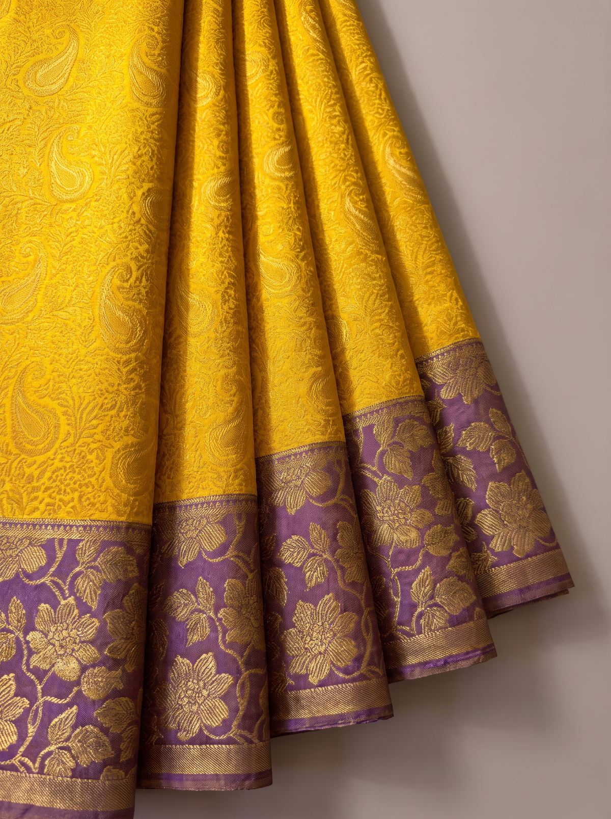 A Regal Poetry of Paisley & Silk – Pure Handloom Korvai Kanjivaram Silk Saree in Golden Yellow & Purple
