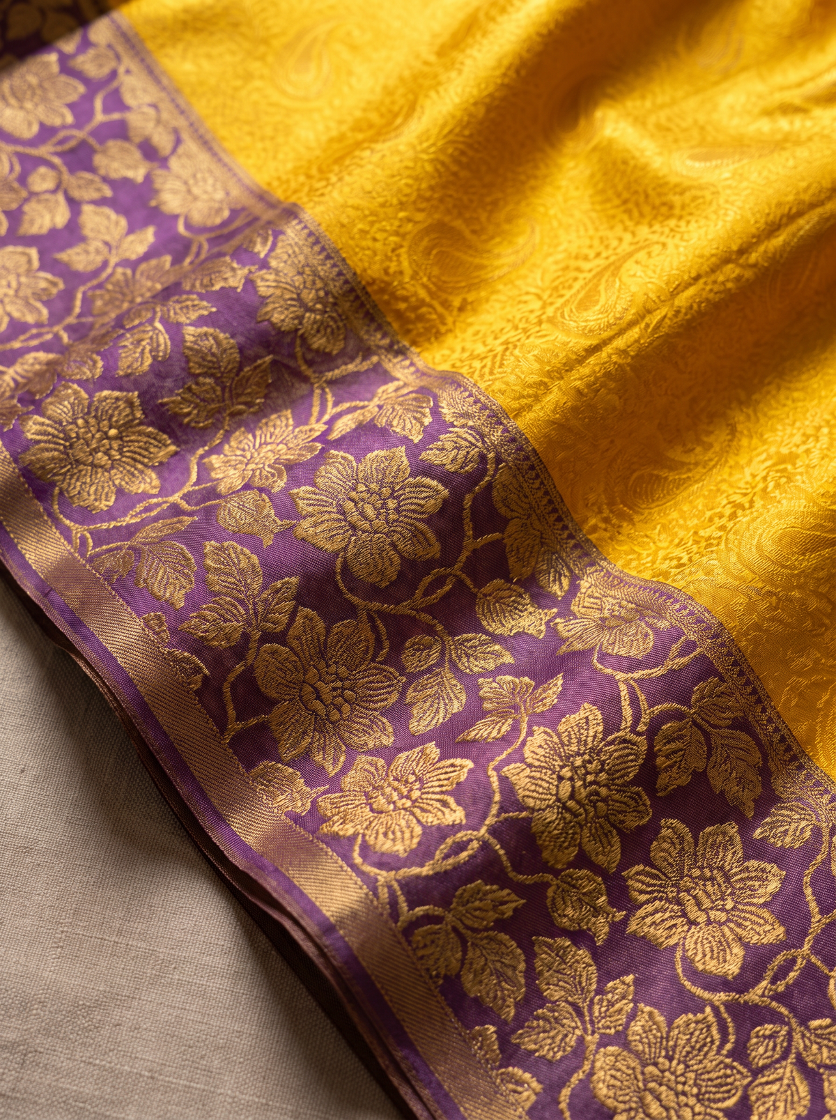 A Regal Poetry of Paisley & Silk – Pure Handloom Korvai Kanjivaram Silk Saree in Golden Yellow & Purple