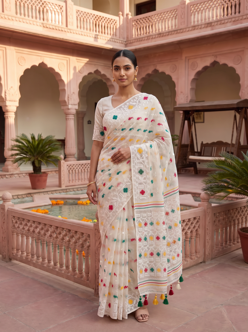 Ivory White Dhakai Jamdani adorned with vibrant Red, Green, and Yellow motifs, delicate white weaving, and subtle multicolored striped accents.