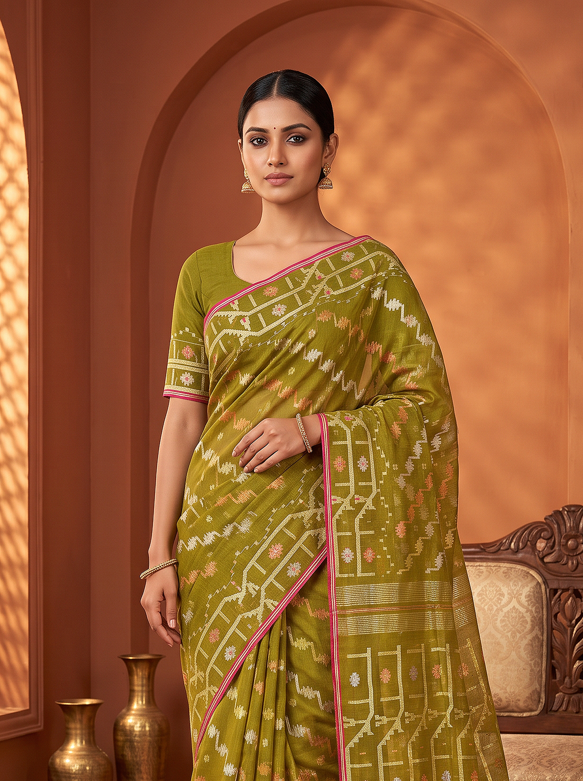 'Pallavi' Mehendi Green Cotton Dhakai Jamdani Handloom Saree