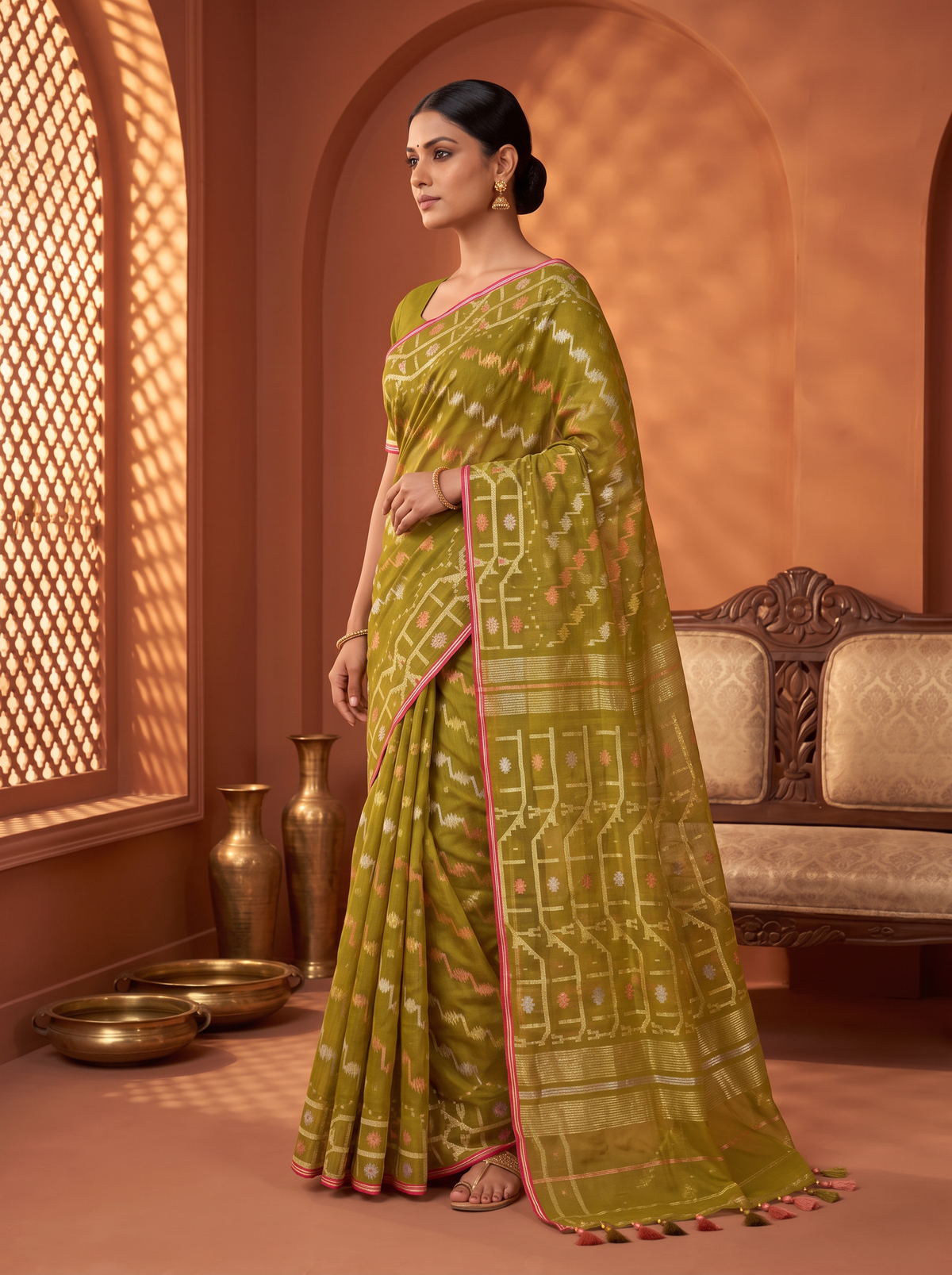 'Pallavi' Mehendi Green Cotton Dhakai Jamdani Handloom Saree