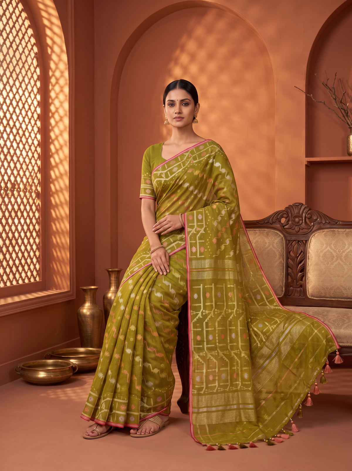'Pallavi' Mehendi Green Cotton Dhakai Jamdani Handloom Saree