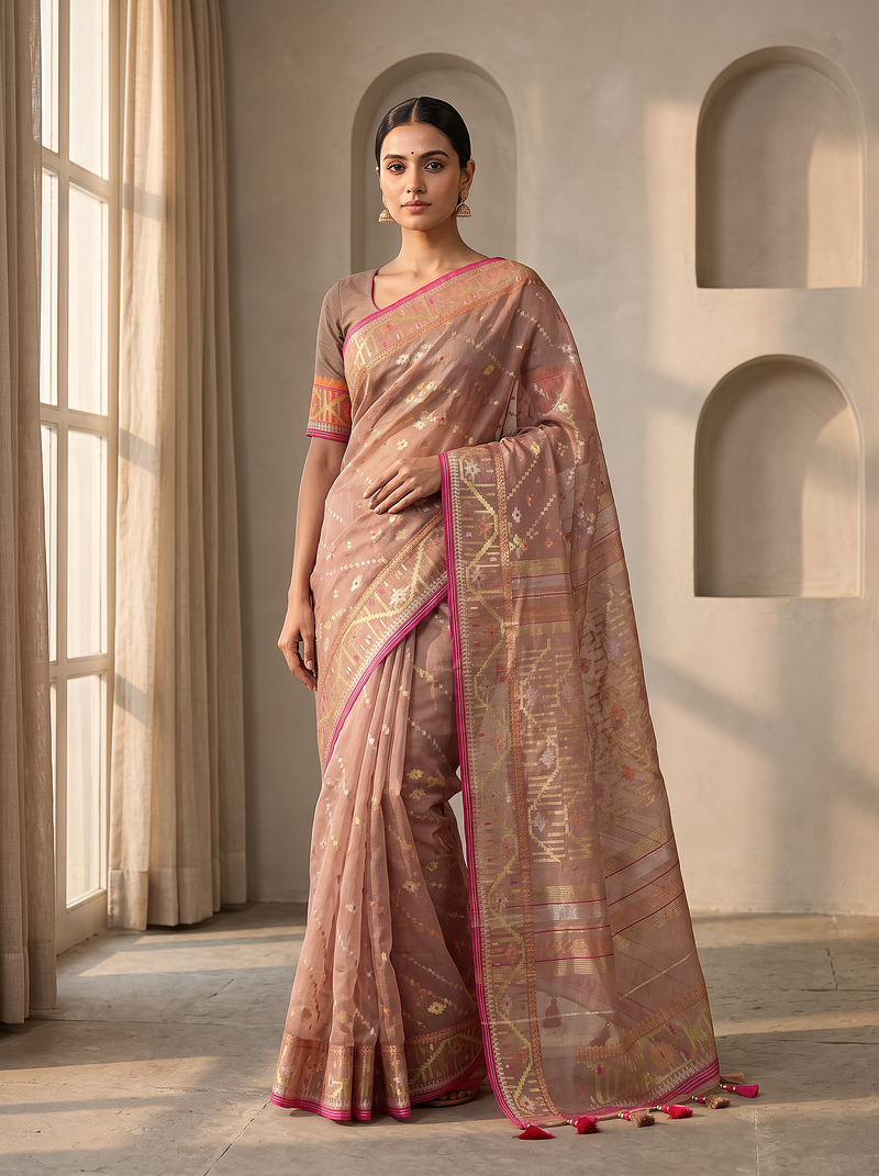 'Chitralekha' Peach with Gold Pure Dhakai Jamdani Handloom Saree
