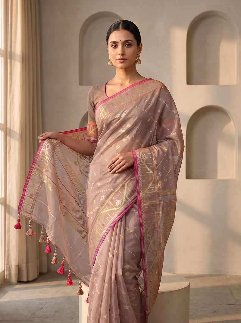 'Chitralekha' Peach with Gold Pure Dhakai Jamdani Handloom Saree