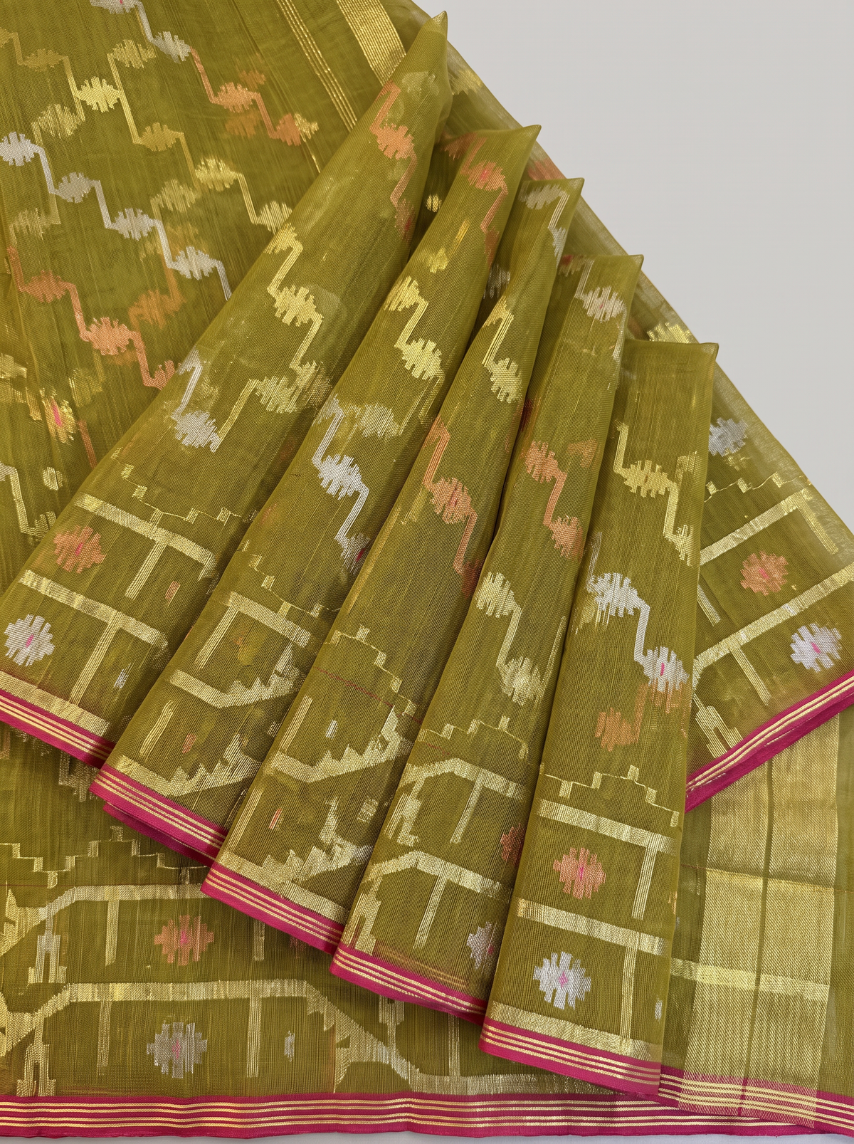'Pallavi' Mehendi Green Cotton Dhakai Jamdani Handloom Saree