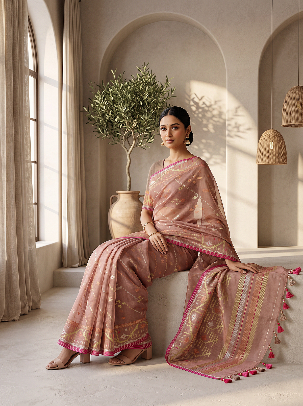 'Chitralekha' Peach with Gold Pure Dhakai Jamdani Handloom Saree