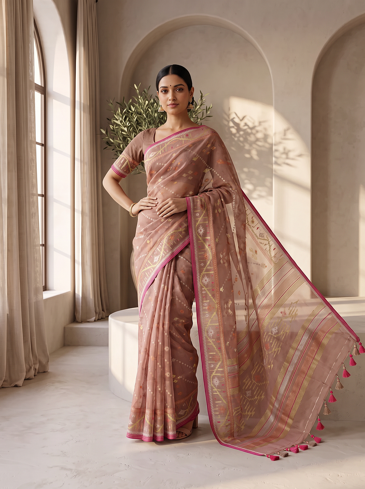 'Chitralekha' Peach with Gold Pure Dhakai Jamdani Handloom Saree
