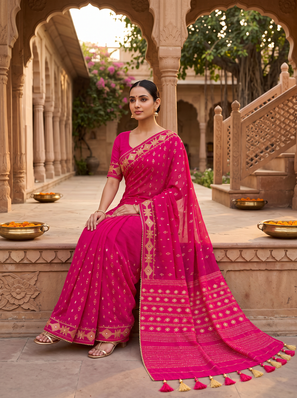 'Rohini' Pink with Gold Pure Dhakai Jamdani Handloom Saree