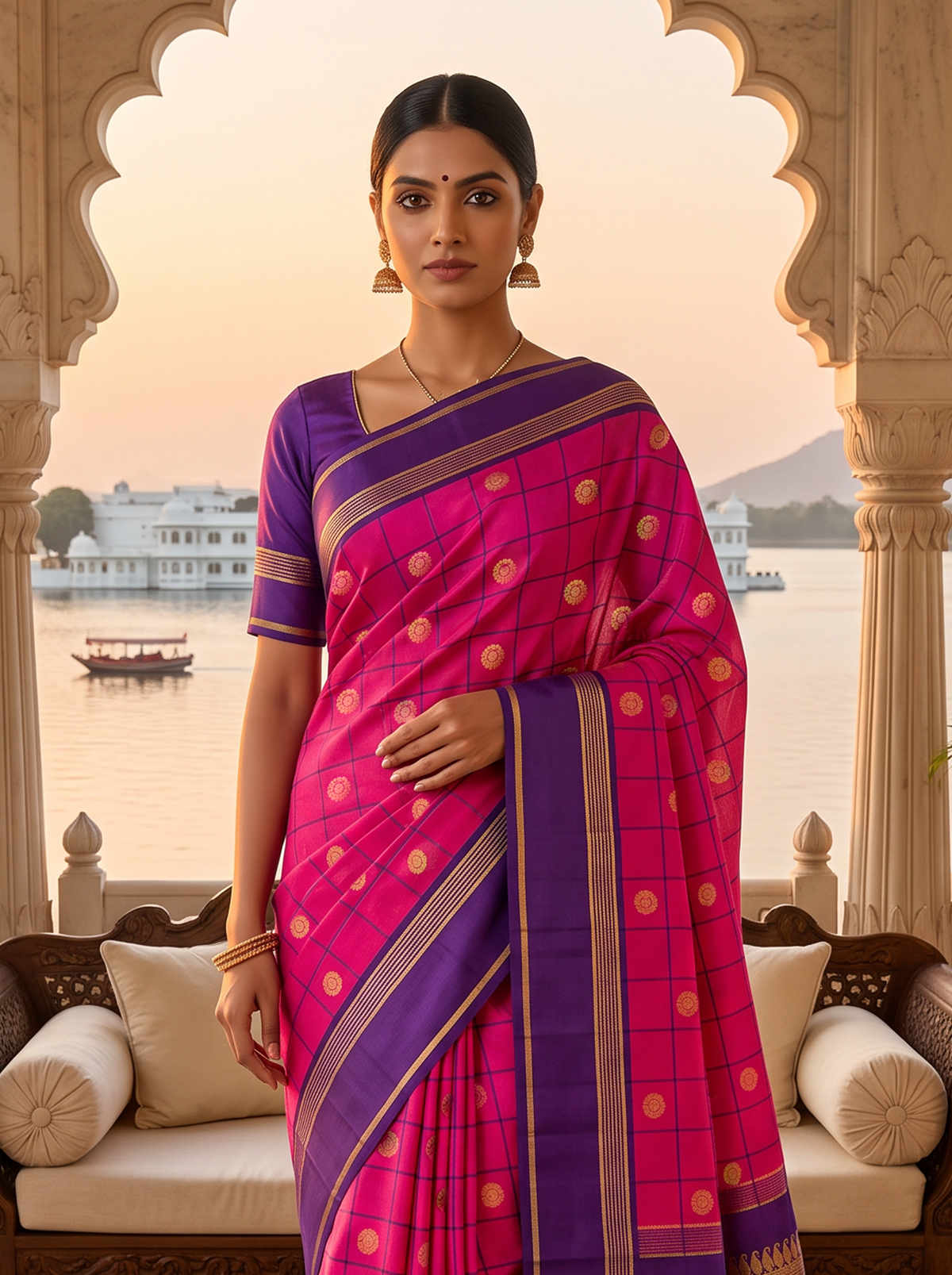 A Whimsy of Checks & Peacock Coins – Pink & Purple Pure Korvai Kanjivaram Handloom Silk Saree