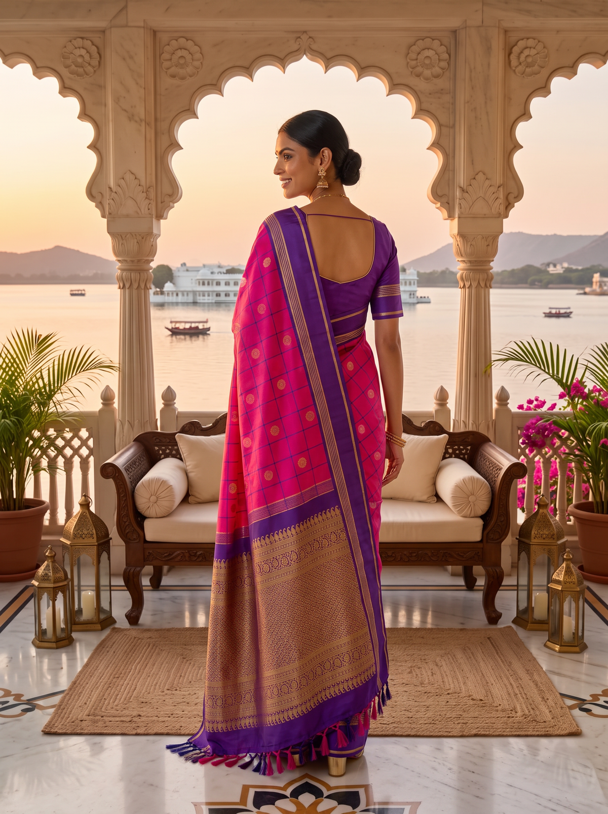 A Whimsy of Checks & Peacock Coins – Pink & Purple Pure Korvai Kanjivaram Handloom Silk Saree
