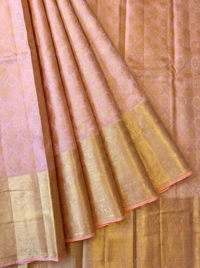 Kanjivaram Handloom Silk Saree in Brocade - Straight from Kanchipuram - Peach & Gold