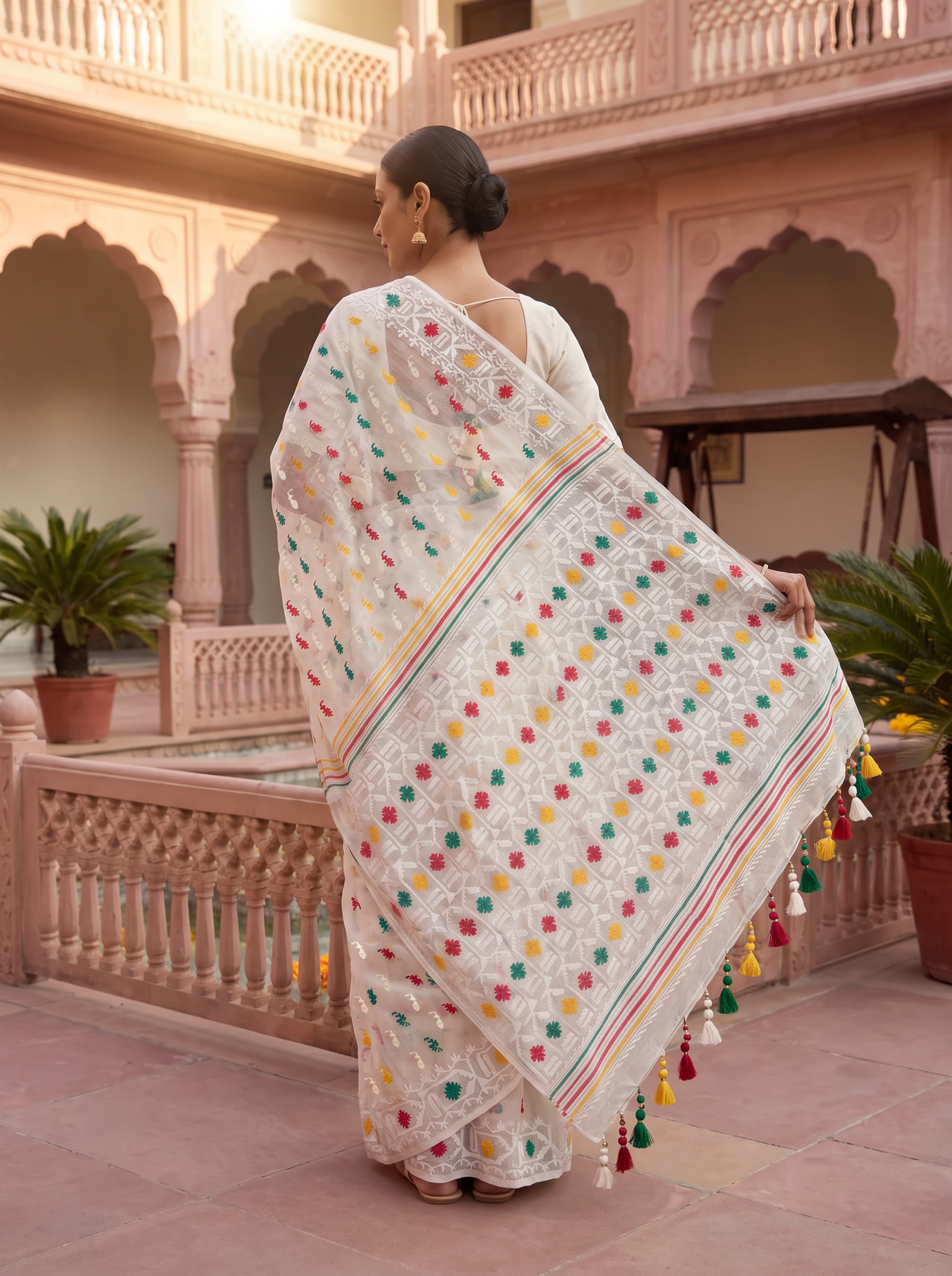Ivory White Dhakai Jamdani adorned with vibrant Red, Green, and Yellow motifs, delicate white weaving, and subtle multicolored striped accents.