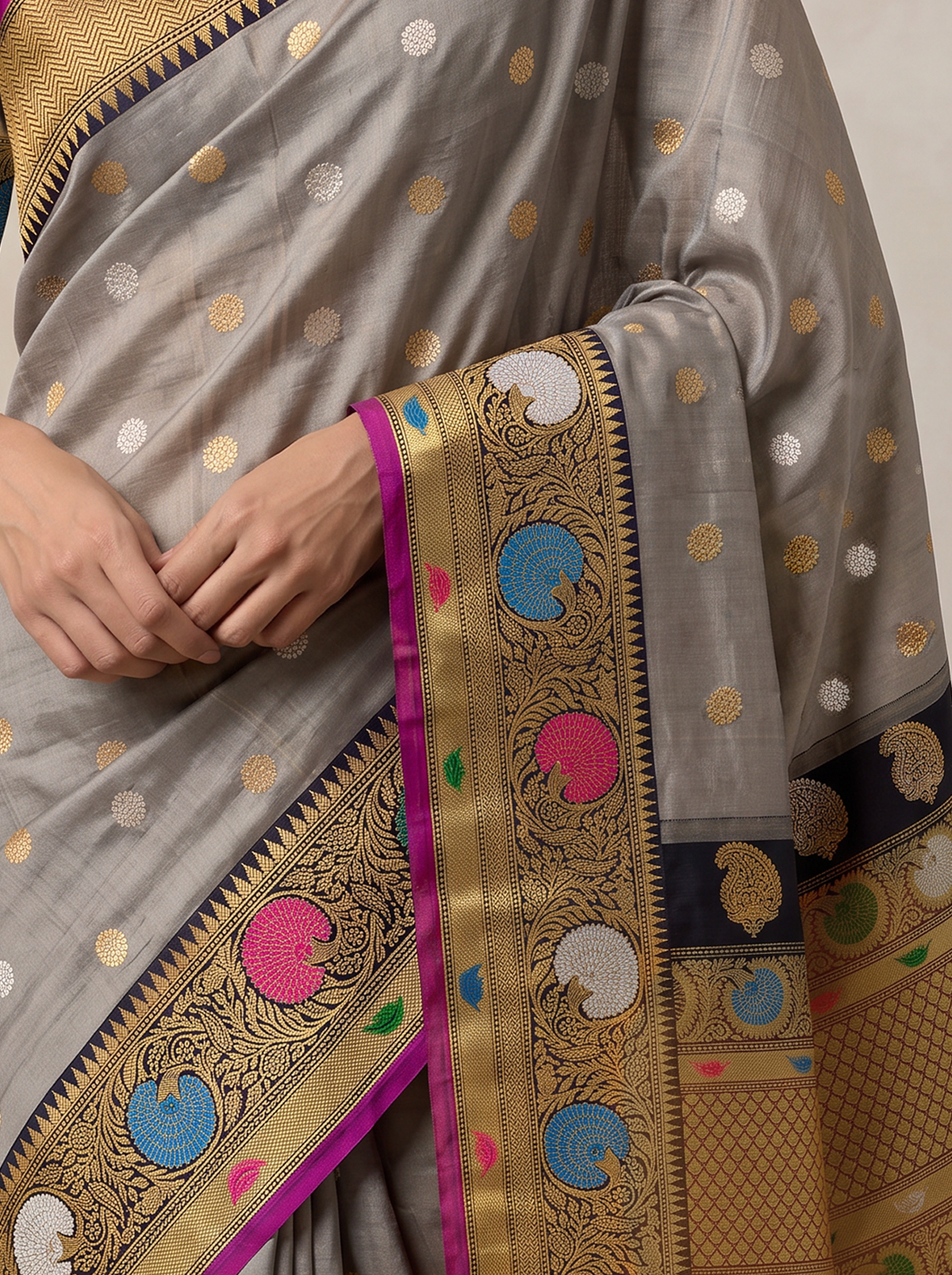 Silver dusk meets a golden night. Handloom Gadwal silk, Silk Mark certified.
