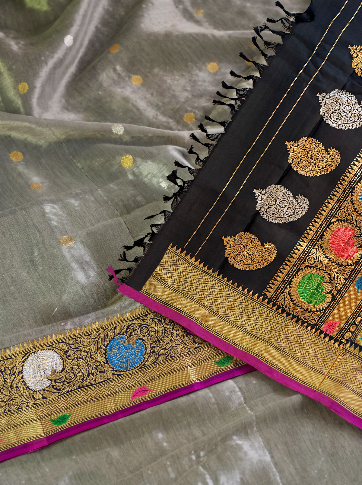 Silver dusk meets a golden night. Handloom Gadwal silk, Silk Mark certified.