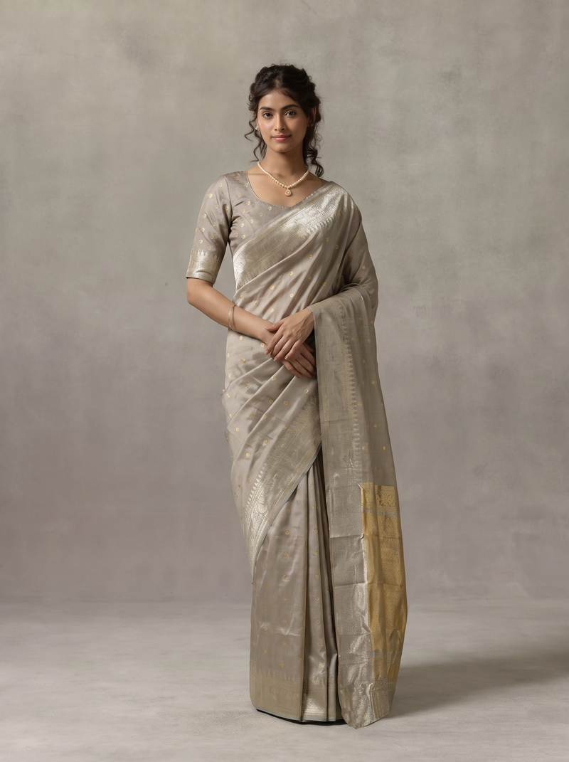 Soft as a winter morning, dove grey silk glints with tiny gold butas, and its tissue pallu glows like moonlight and sunlight woven together. Handloom Gadwal.
