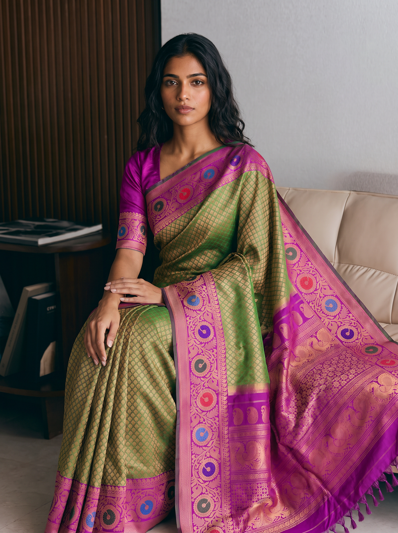 Earthy olive woven with antique gold, meeting regal purple where peacocks strut among paisleys and jewel-toned vines. Handloom Gadwal silk.