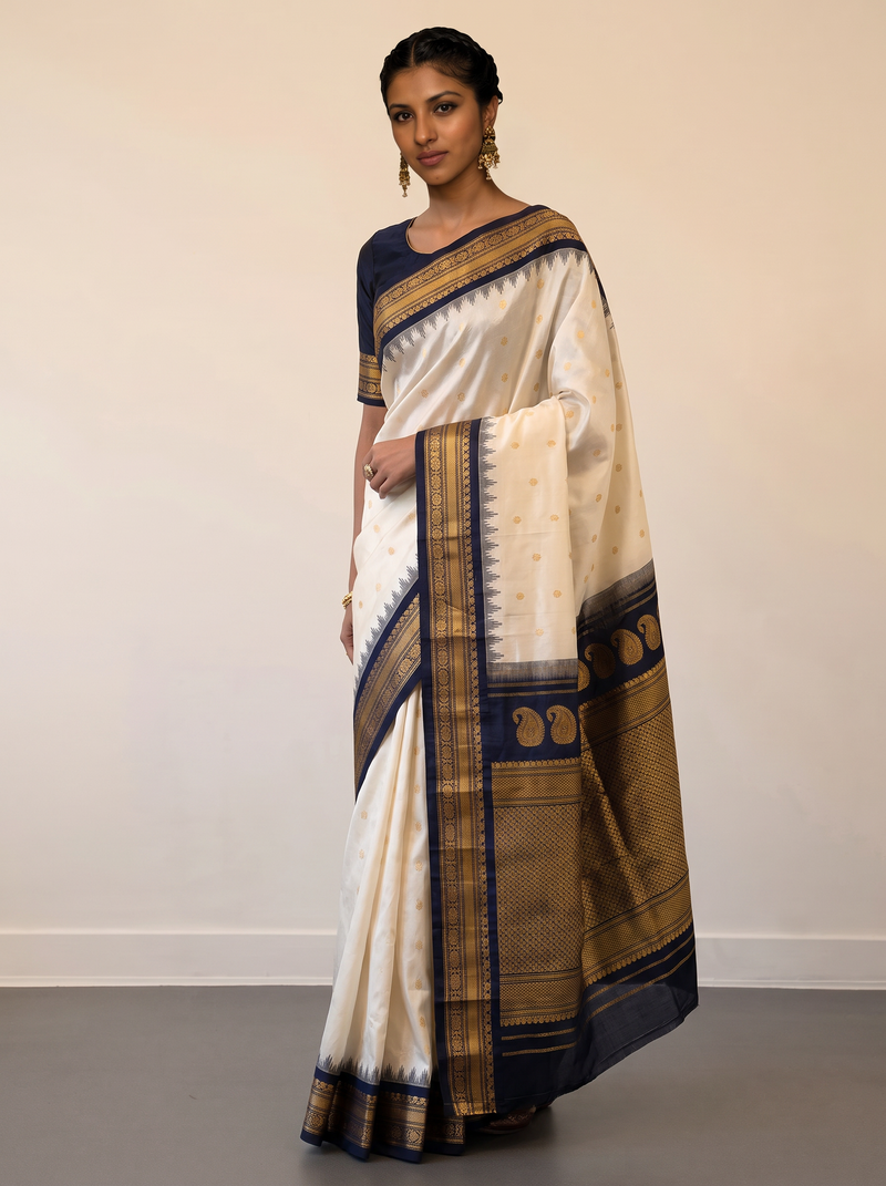 Moonlit ivory, a night of gold paisleys. Handloom Gadwal.