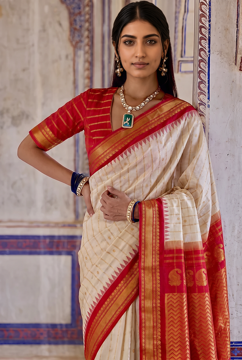 Calm ivory checks meet the fire of red and maroon, finished in waves of golden chevrons. Handloom Gadwal silk.
