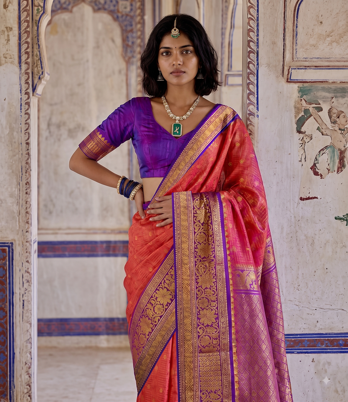 A burst of rani pink, patterned with gold checks and tiny buttis like confetti, held close by deep purple, where a golden jaal shimmers across the border and pallu.