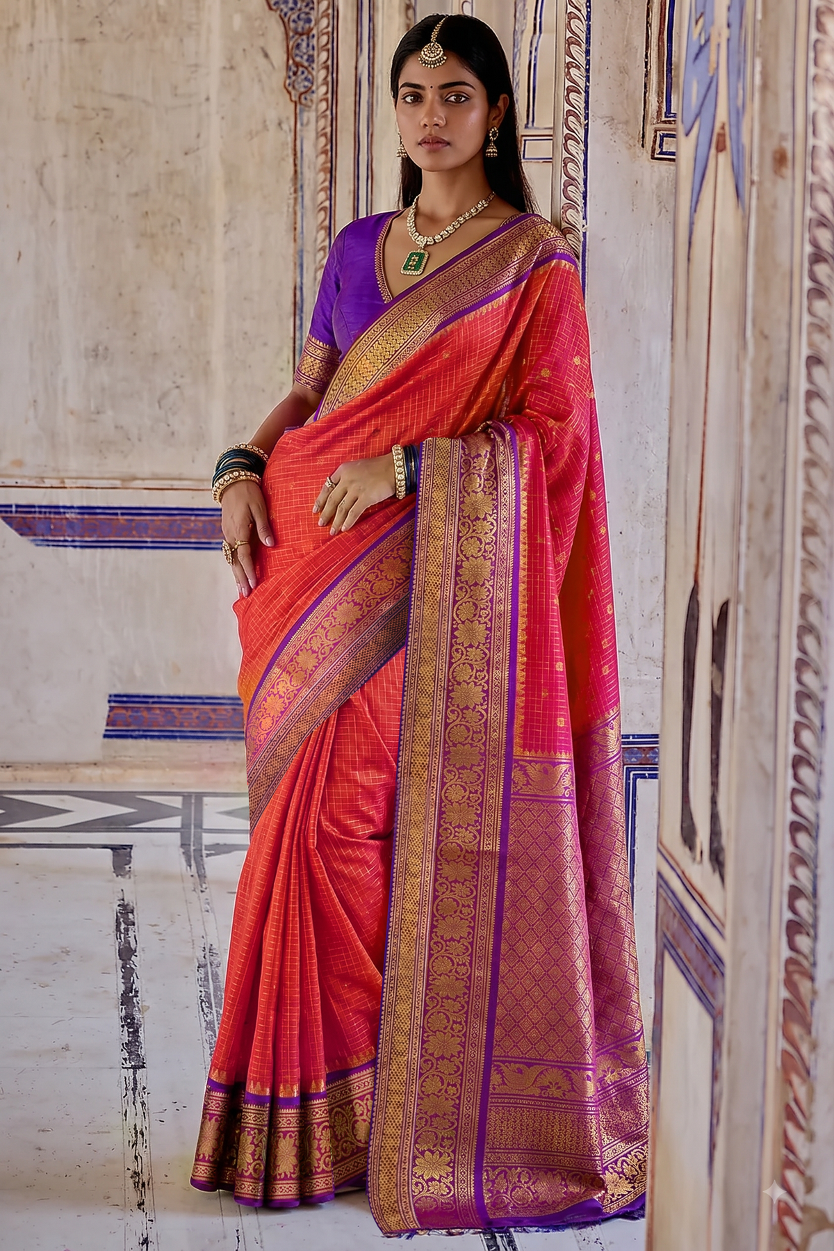 A burst of rani pink, patterned with gold checks and tiny buttis like confetti, held close by deep purple, where a golden jaal shimmers across the border and pallu.