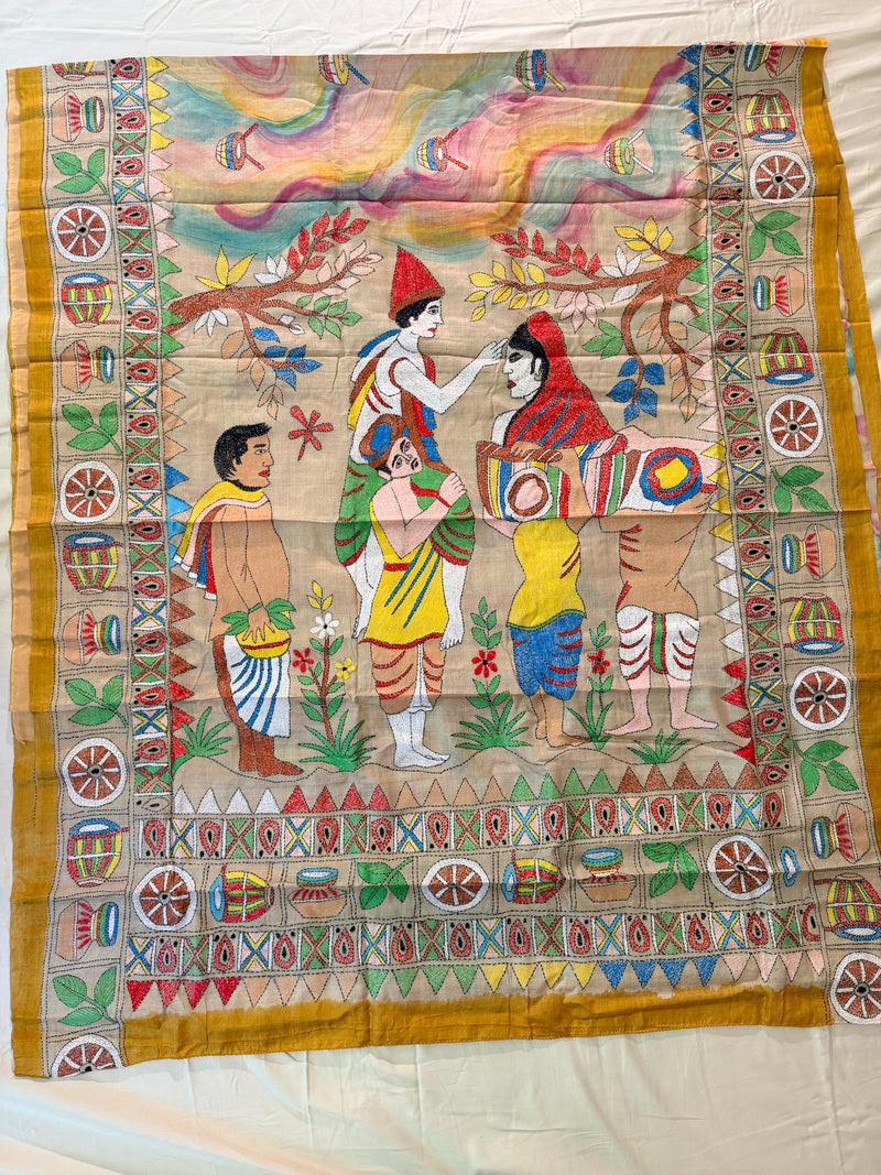 From the red earth of Bolpur, Shantiniketan, comes a pure Tussar silk Kantha that carries an entire folk tale along its length, told one hand-worked stitch at a time.