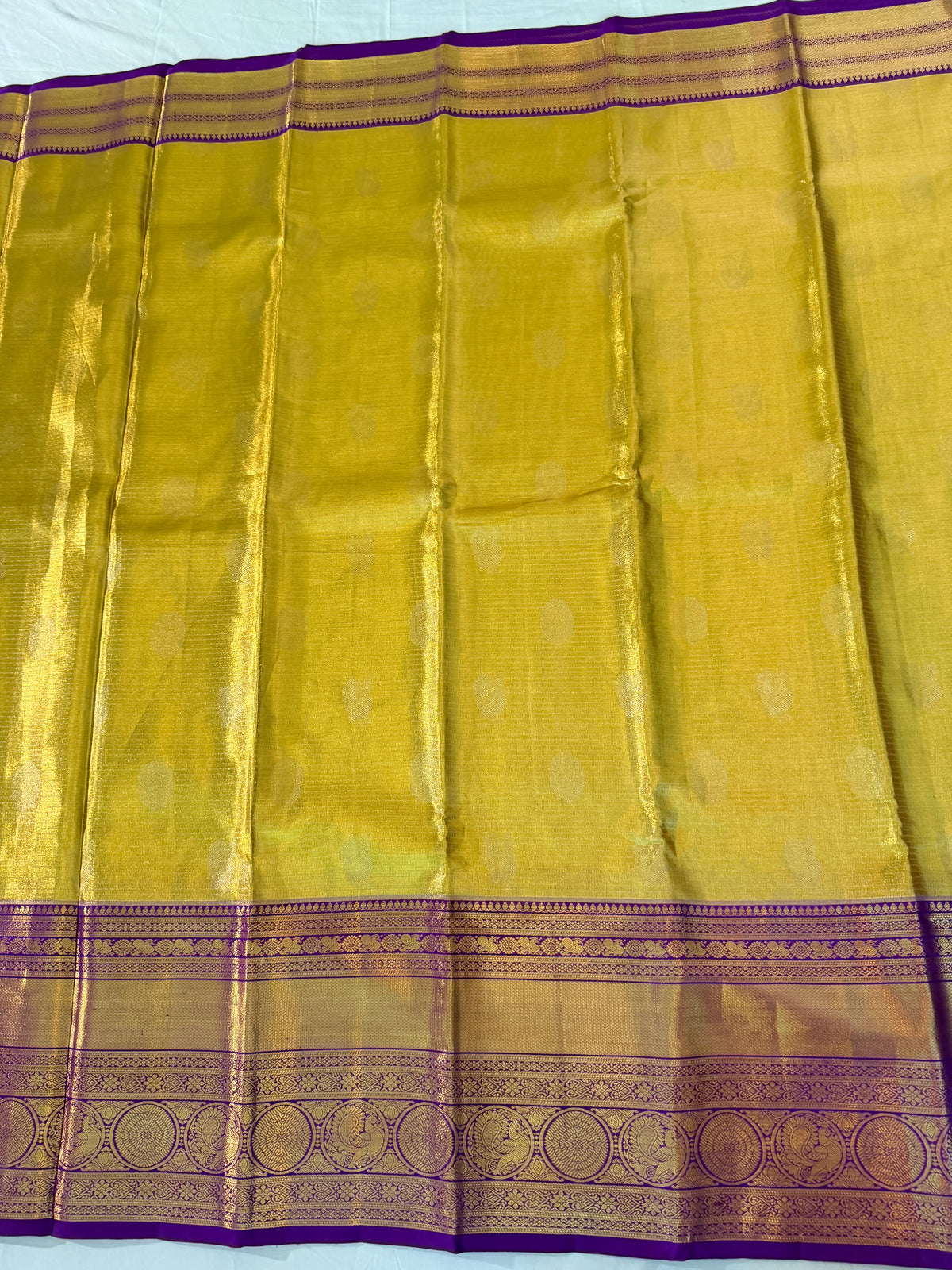 Handloom Pure Kanjivaram Tissue Silk Korvai - Straight from Kanchipuram, A Radiant Yellow and Rich Purple