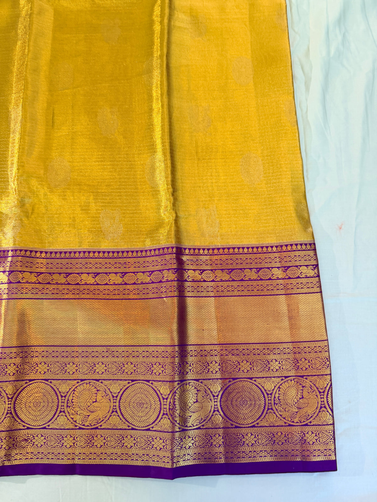 Handloom Pure Kanjivaram Tissue Silk Korvai - Straight from Kanchipuram, A Radiant Yellow and Rich Purple