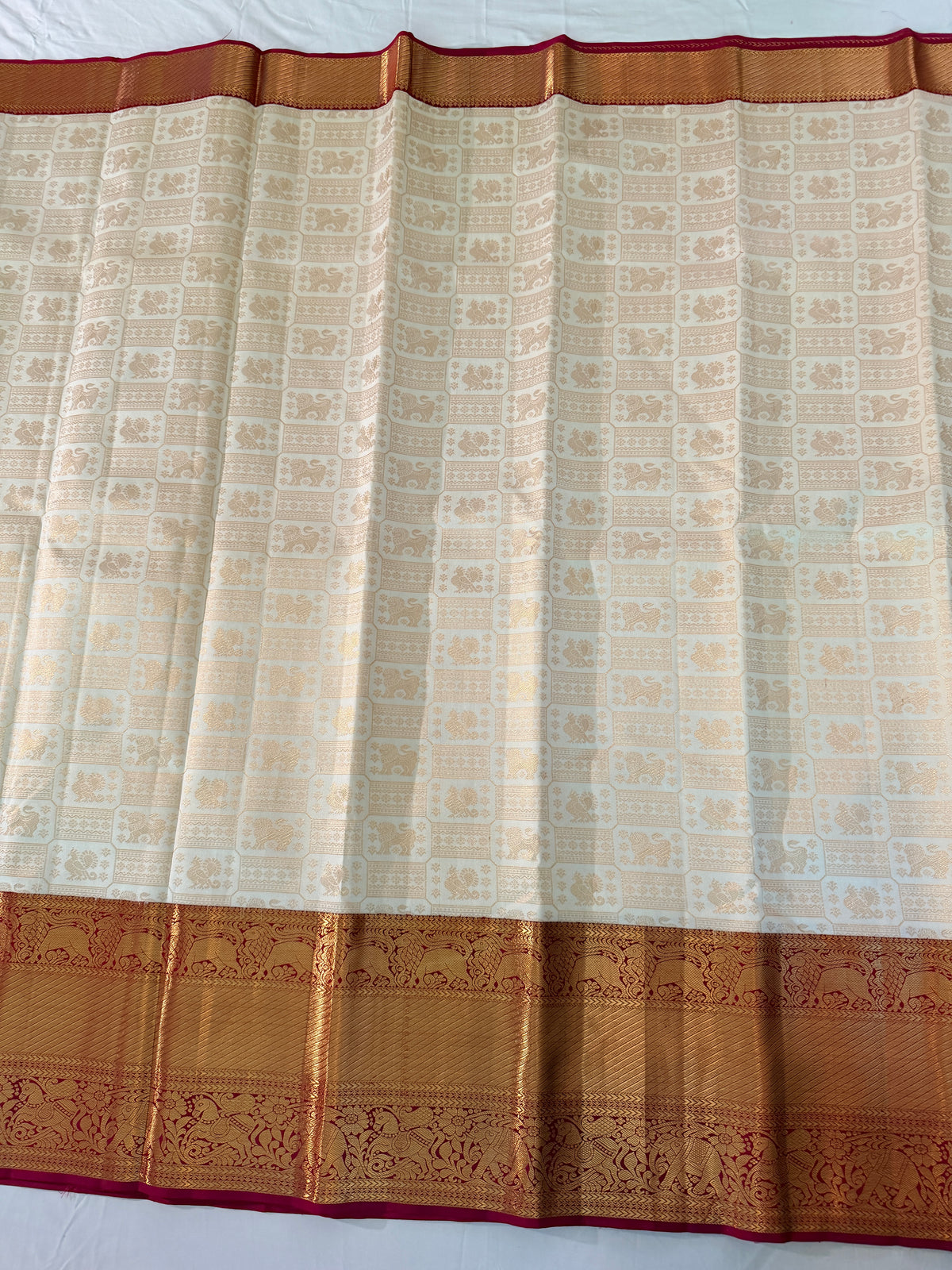 Pure Handloom Brocade Korvai Kanjibharam Silk Saree, Zari Brocade, Straight from Kanchipuram - Ivory with Red