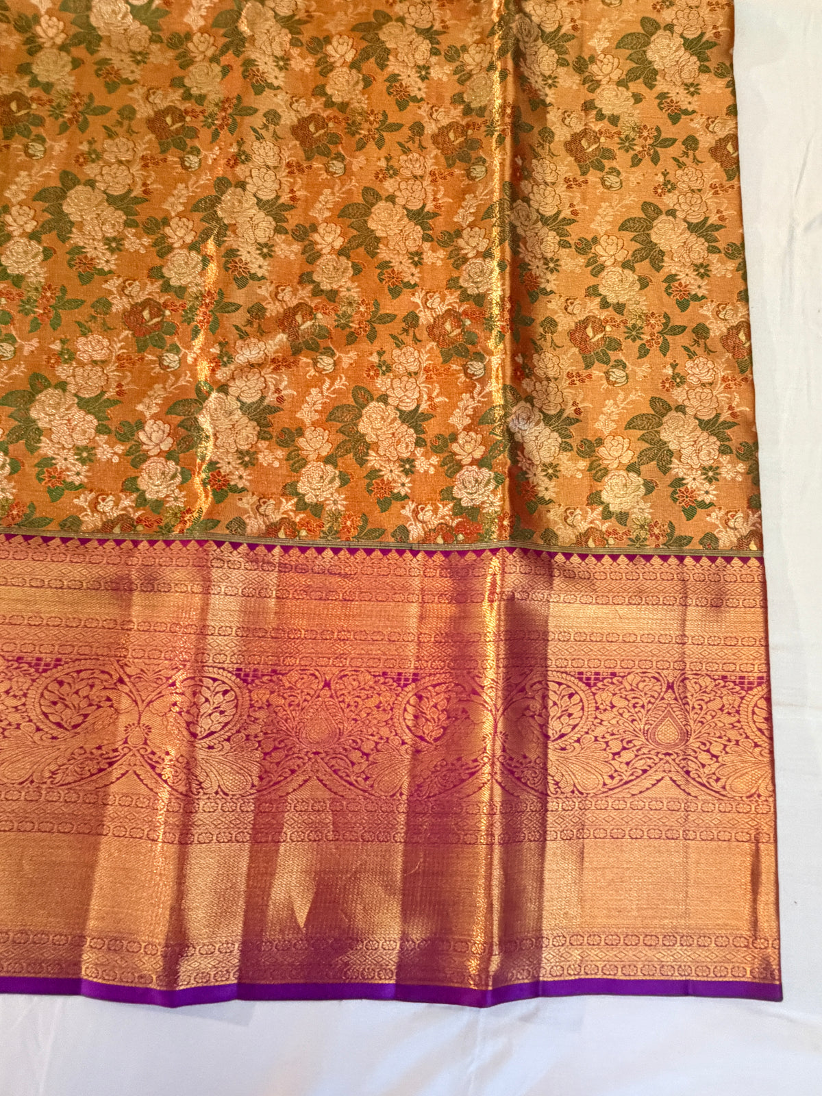 Pure Handloom Tissue Korvai Kanjivaram Silk Saree from Kanchipuram, Floral Jaal Brocade  - Gold with Purple