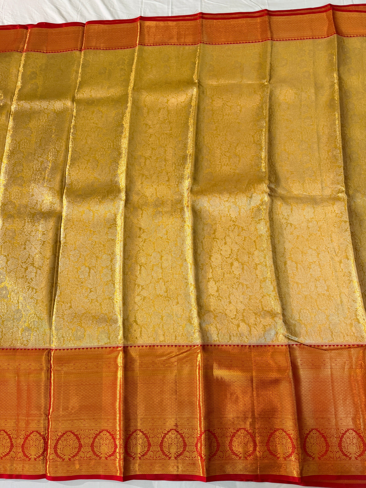 Pure Handloom Tissue Korvai Kanjivaram Silk Saree from Kanchipuram - Golden with Red