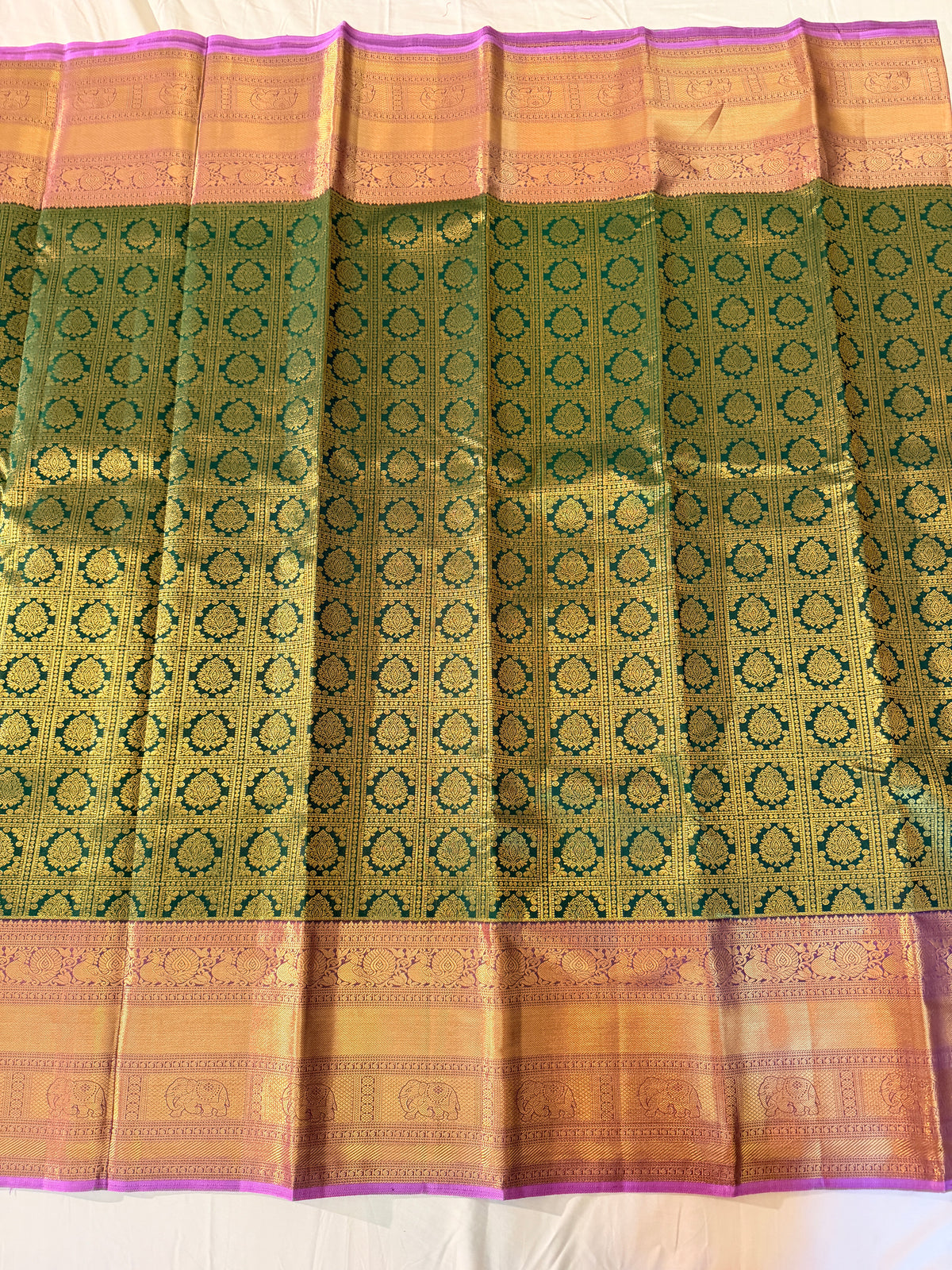 Pure Handloom Brocade Korvai Kanjibharam Silk from Kanchipuram - Green with Purple