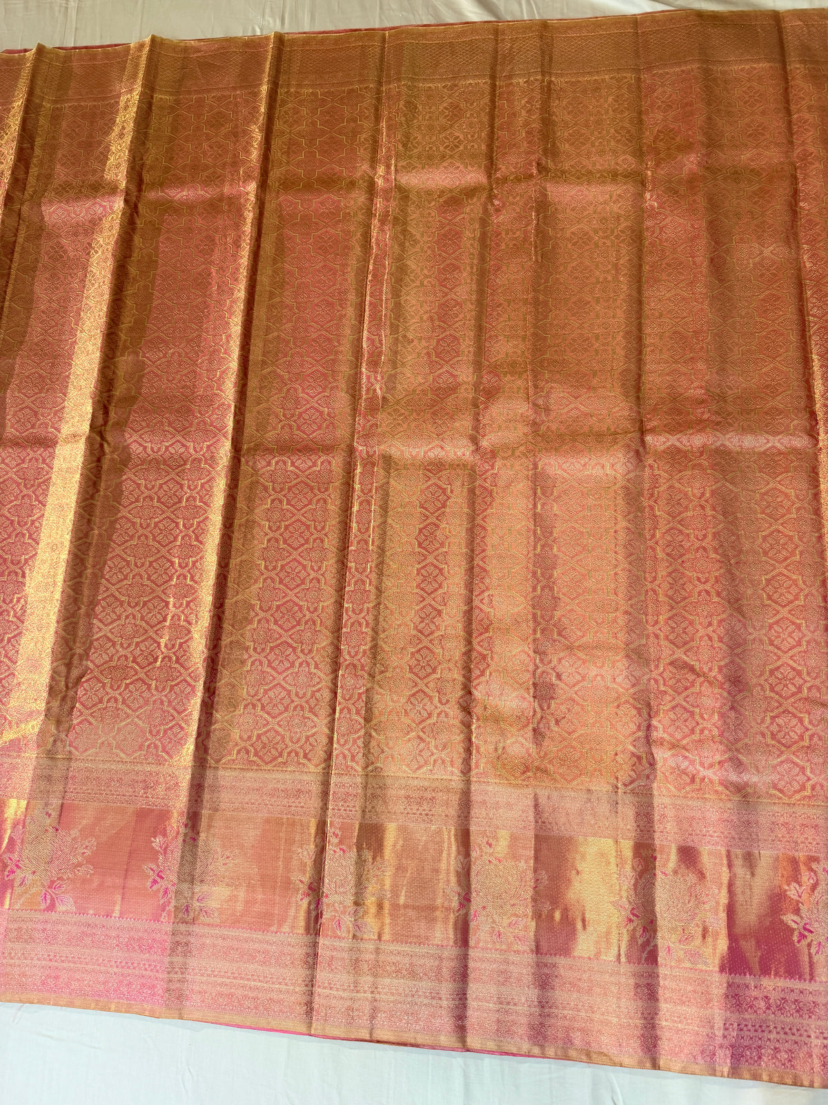 Pure Handloom Kanjivaram Silk, Golden Zari Brocade, Straight from Kanjivaram - Pink with Gold