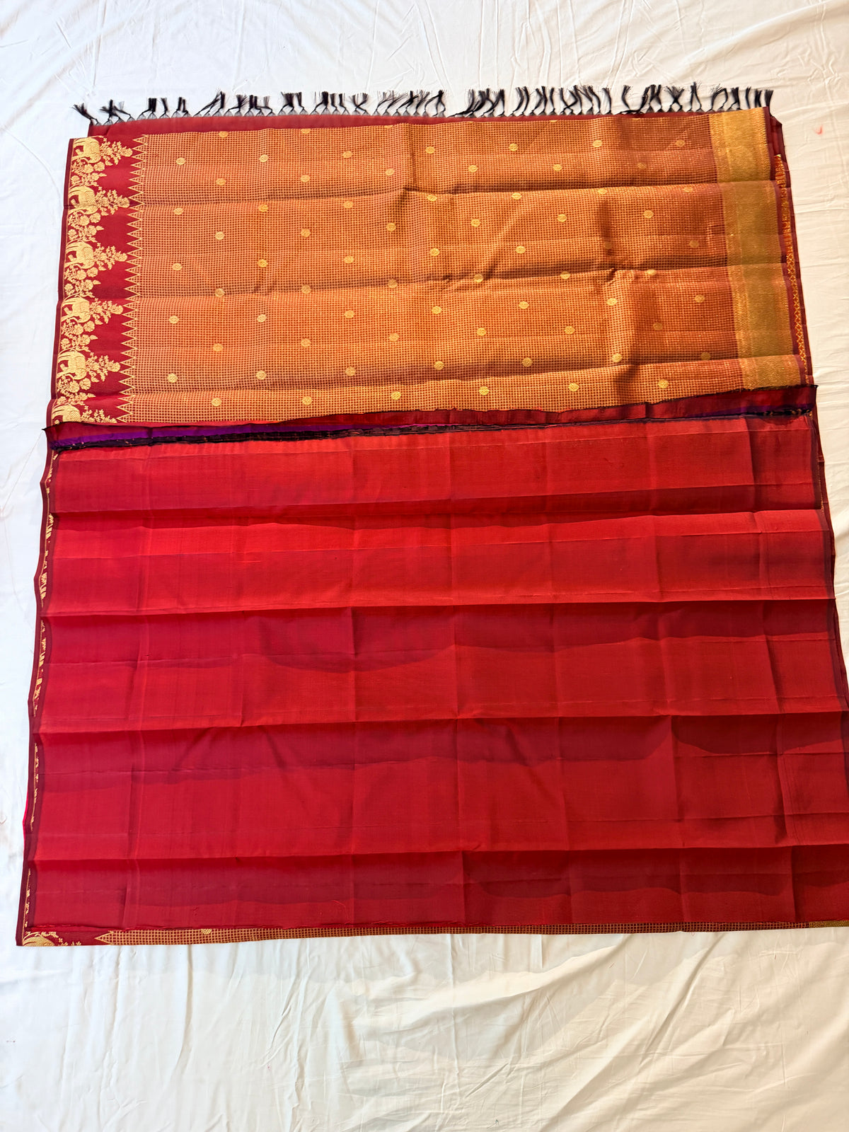 Pure Handloom Kanjivaram Silk, Elephant Motif Border, Gold Zari Grid checks, Straight from Kanchipuram - Maroon with Gold