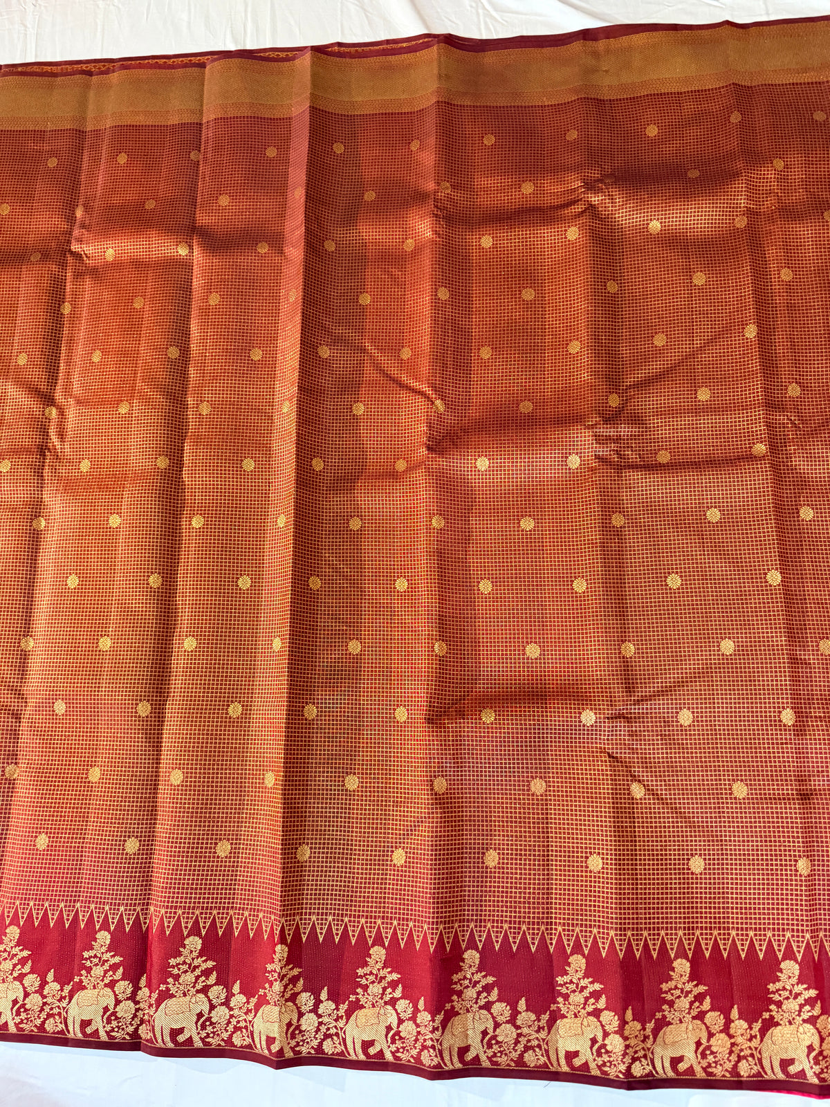 Pure Handloom Kanjivaram Silk, Elephant Motif Border, Gold Zari Grid checks, Straight from Kanchipuram - Maroon with Gold