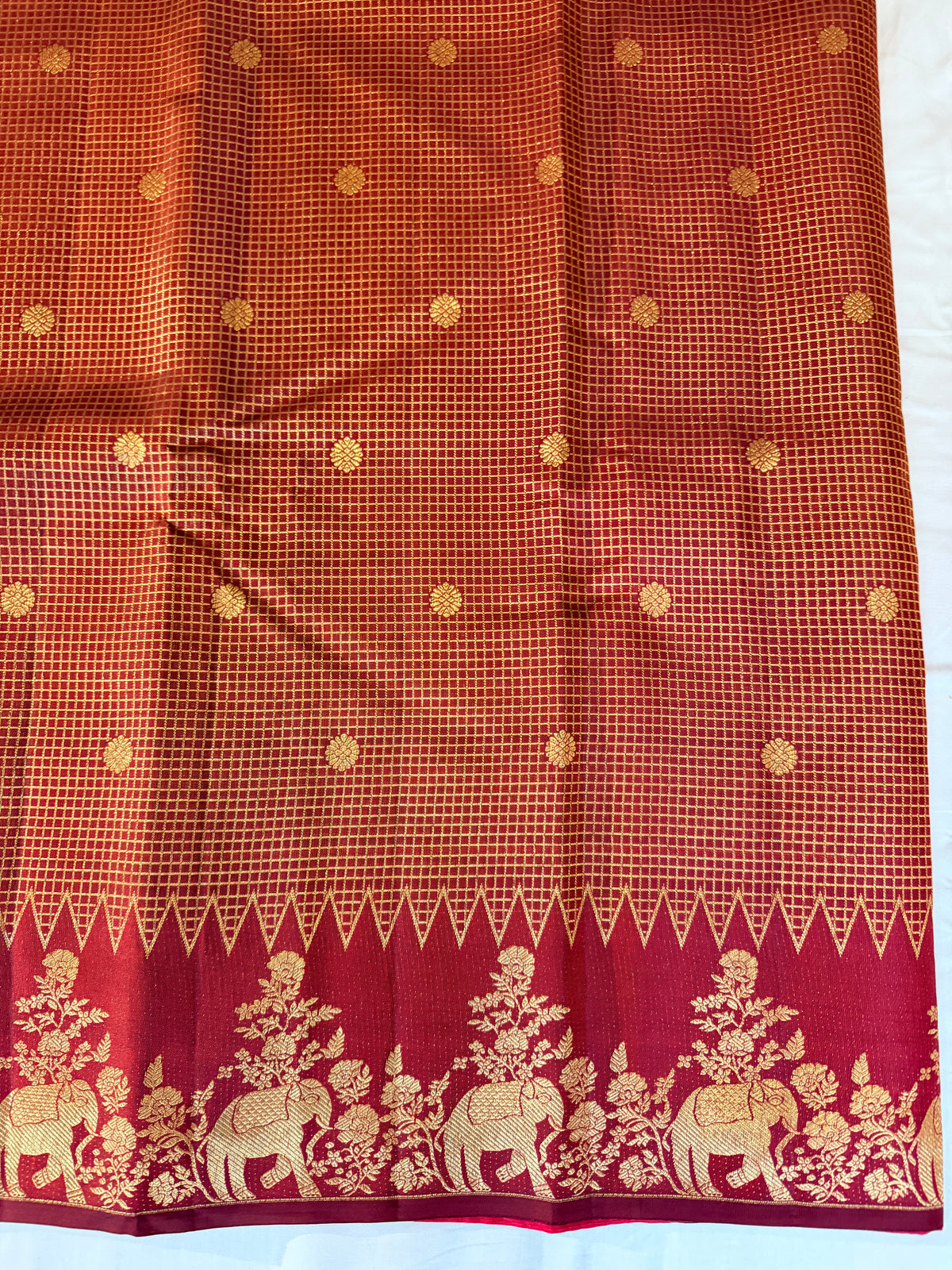 Pure Handloom Kanjivaram Silk, Elephant Motif Border, Gold Zari Grid checks, Straight from Kanchipuram - Maroon with Gold