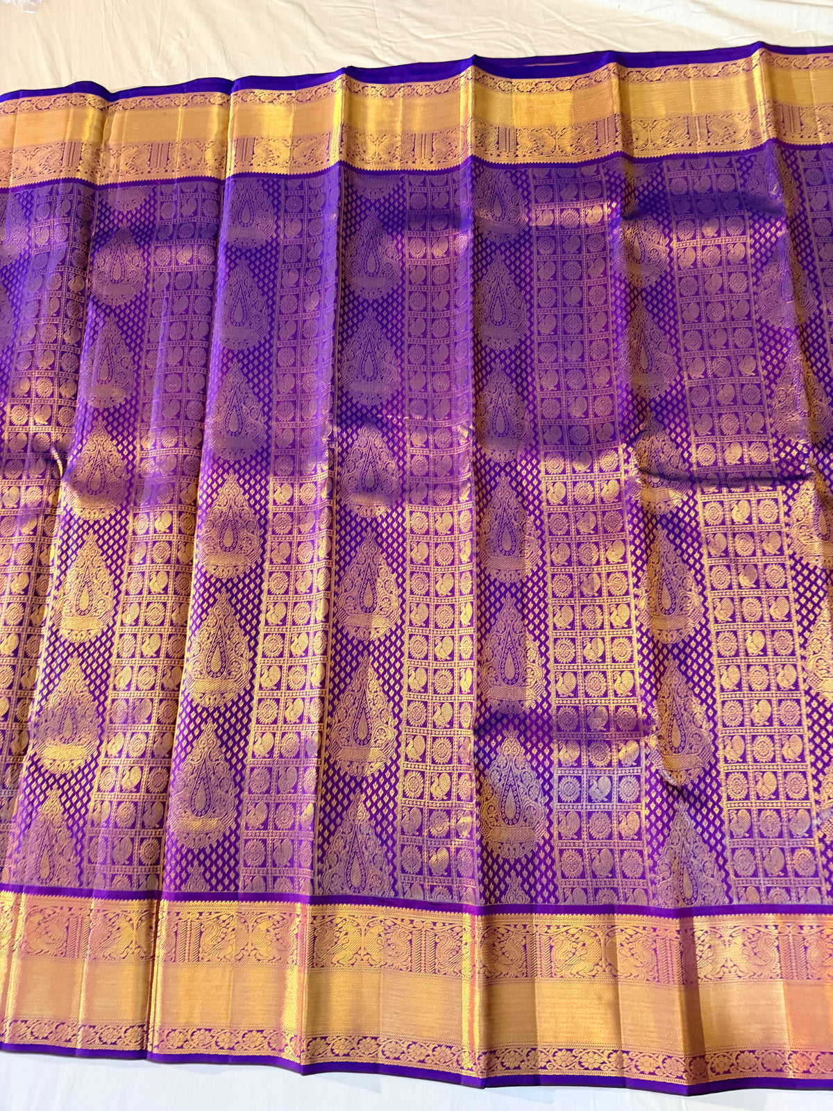 Pure Handloom Kanjivaram Silk Saree, Zari brocade, Straight from Kanchipuram - Royal Purple & Gold