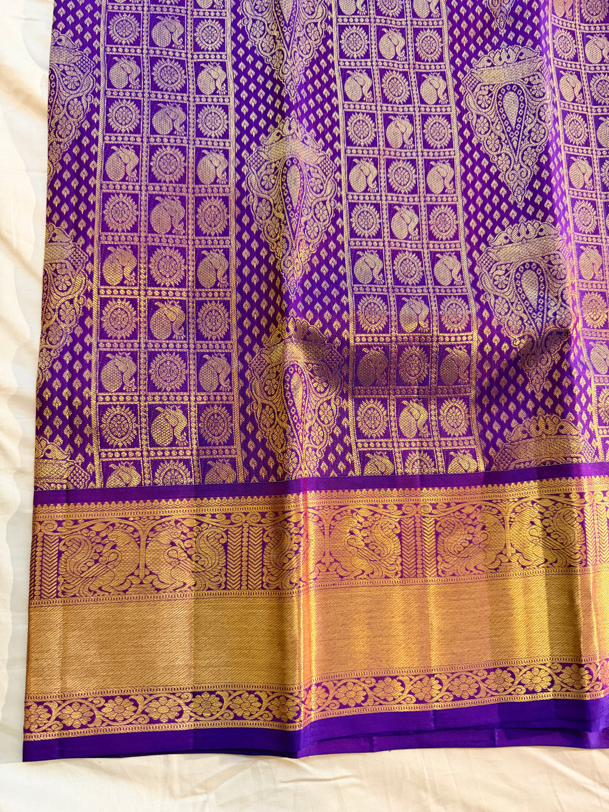 Pure Handloom Kanjivaram Silk Saree, Zari brocade, Straight from Kanchipuram - Royal Purple & Gold