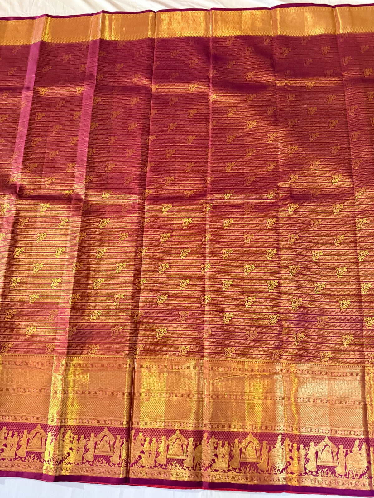 Pure Handloom Korvai Kanjivaram, Wedding Procession Border, Brocade Pallu and Body  - Maroon with Gold