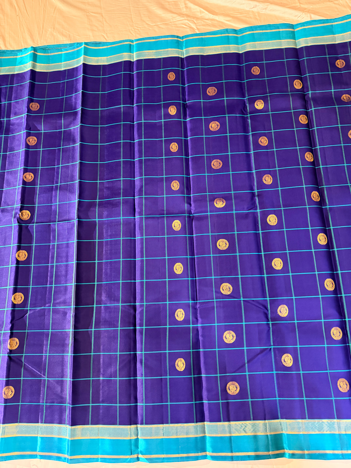 A Jewel-Toned Dance of Checks & Peacock Coins – Royal Blue & Turquoise Pure Korvai Kanjivaram Handloom Silk Saree