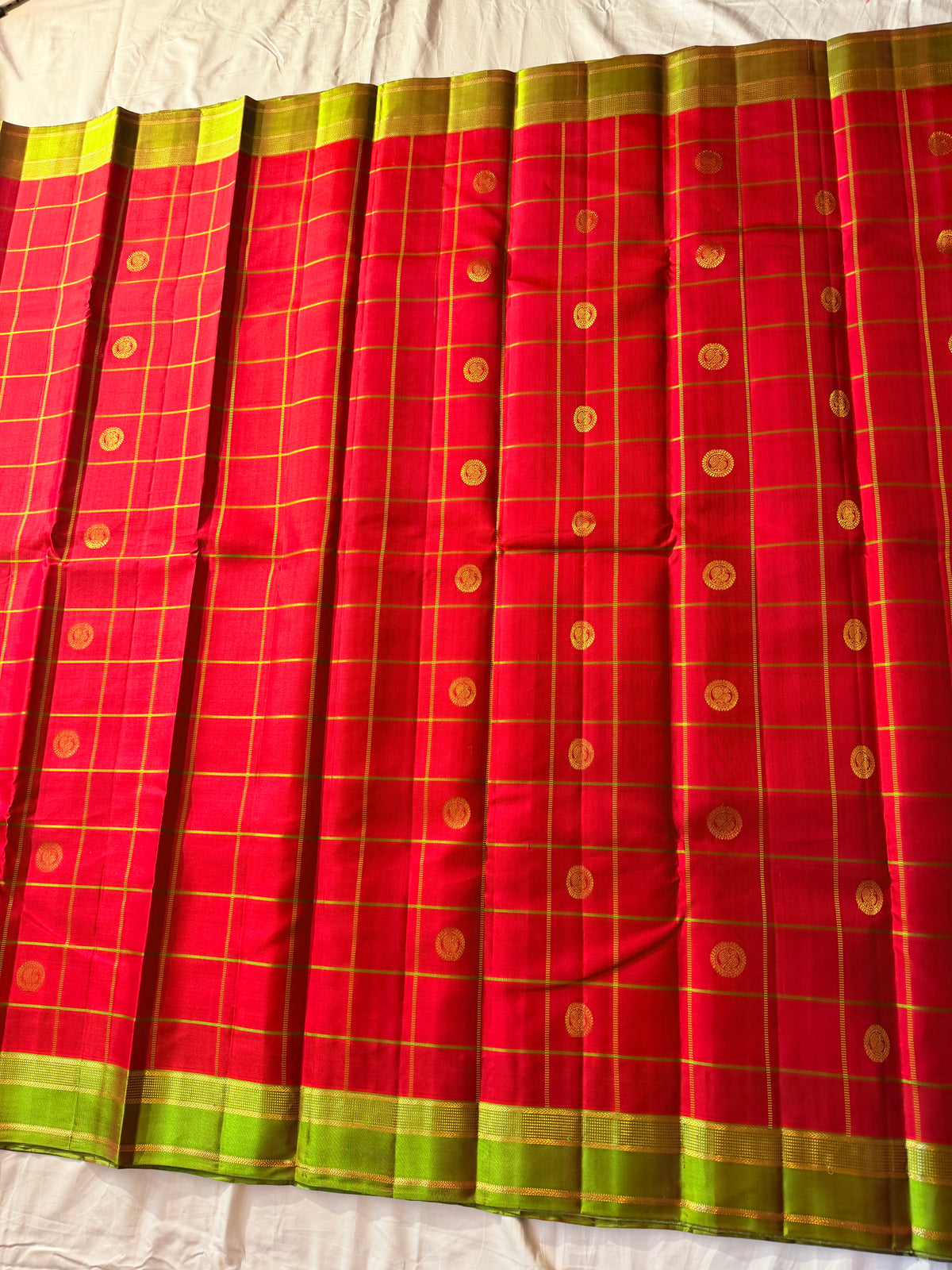 A Symphony of Coin & Checks – Coral Red & Parrot Green Pure Korvai Kanjivaram Handloom Silk Saree
