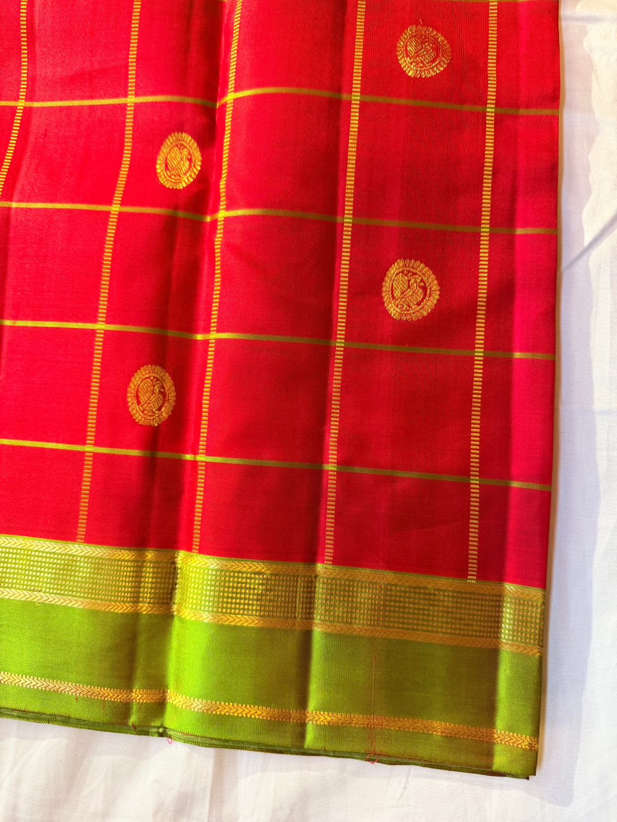 A Symphony of Coin & Checks – Coral Red & Parrot Green Pure Korvai Kanjivaram Handloom Silk Saree