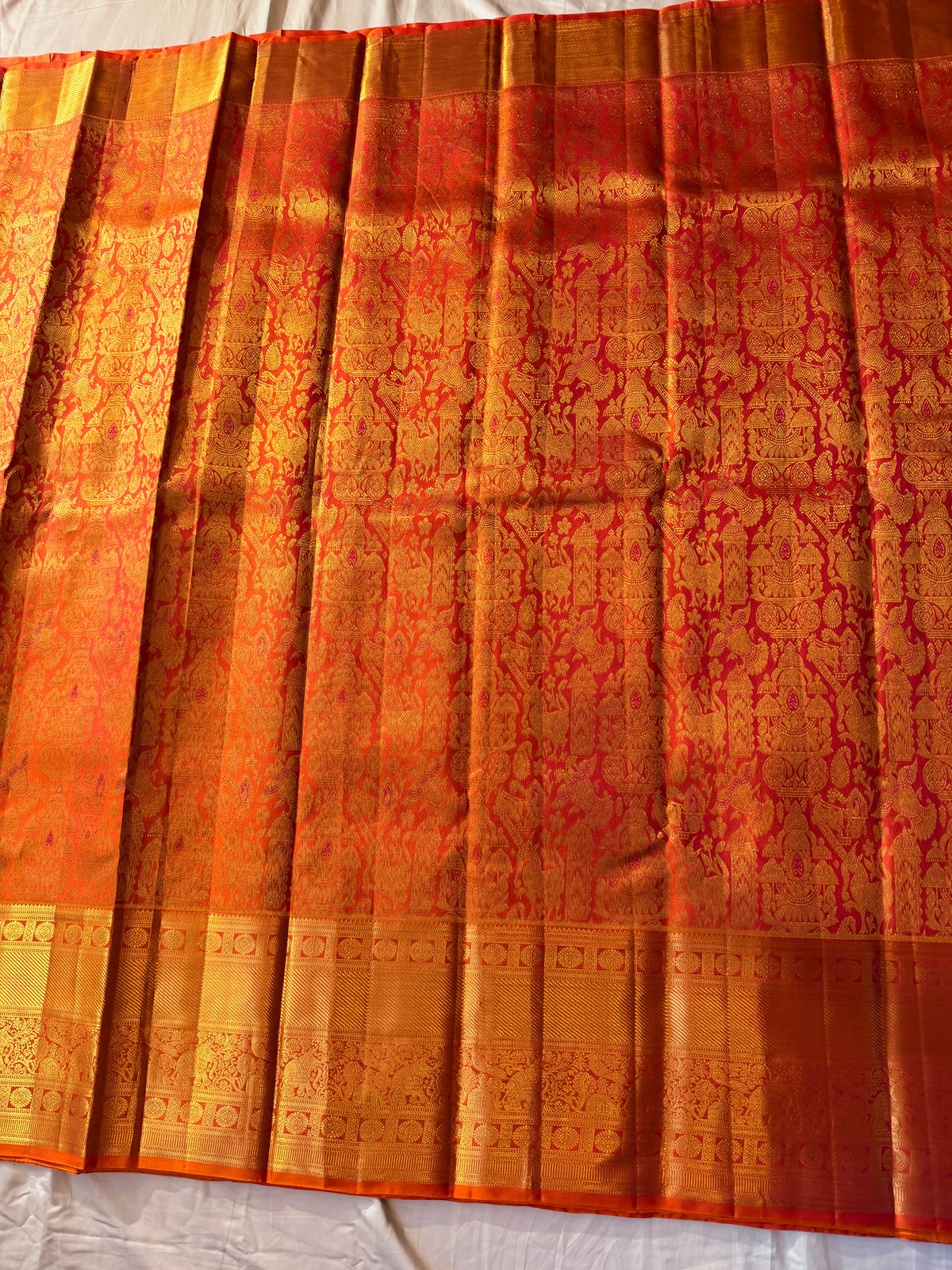 Pure Kanjivaram Silk Saree, Pure Handloom, Brocade Zari, Straight from Kanchipuram - Rust Orange and Gold