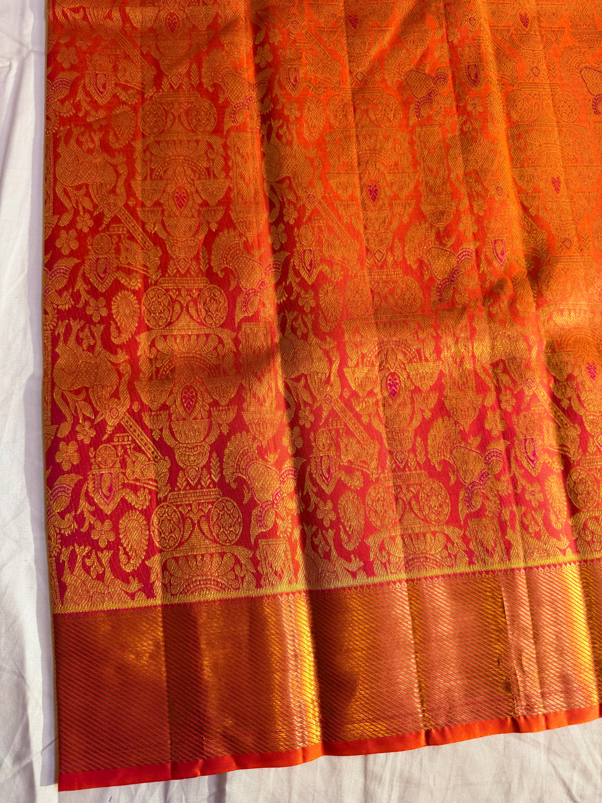 Pure Kanjivaram Silk Saree, Pure Handloom, Brocade Zari, Straight from Kanchipuram - Rust Orange and Gold