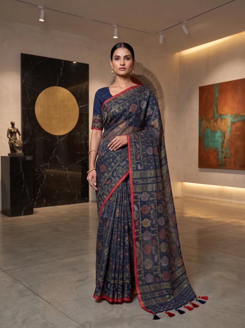 A Midnight Blue Dhakai Jamdani — Jewel-Toned Florals in Antique Gold, Coral, Muted Rose & Silver-Grey with a Vermilion-Red Edge