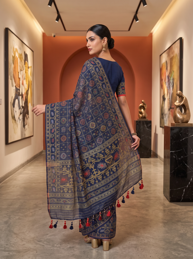 A Midnight Blue Dhakai Jamdani — Jewel-Toned Florals in Antique Gold, Coral, Muted Rose & Silver-Grey with a Vermilion-Red Edge