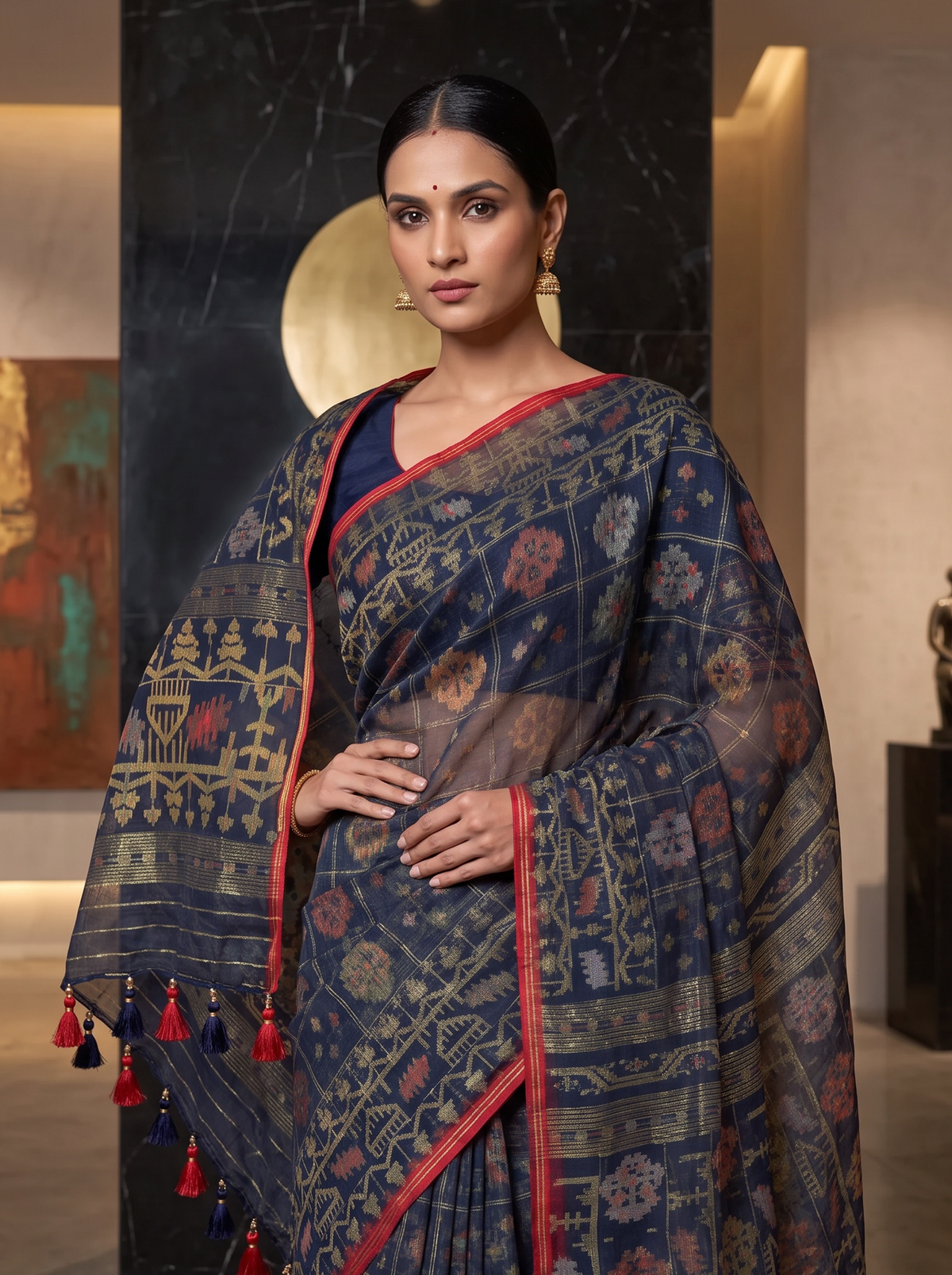 A Midnight Blue Dhakai Jamdani — Jewel-Toned Florals in Antique Gold, Coral, Muted Rose & Silver-Grey with a Vermilion-Red Edge